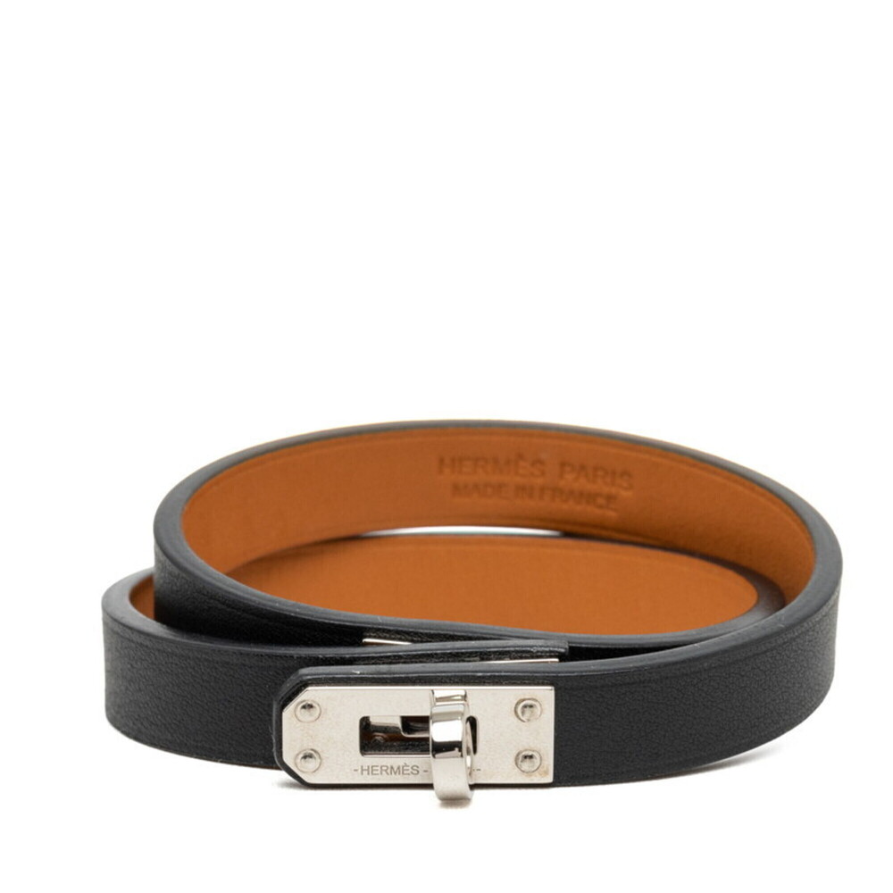 Hermes Mini Kelly Double Tour Bracelet, Size T2, Black, Silver Leather, Metal...